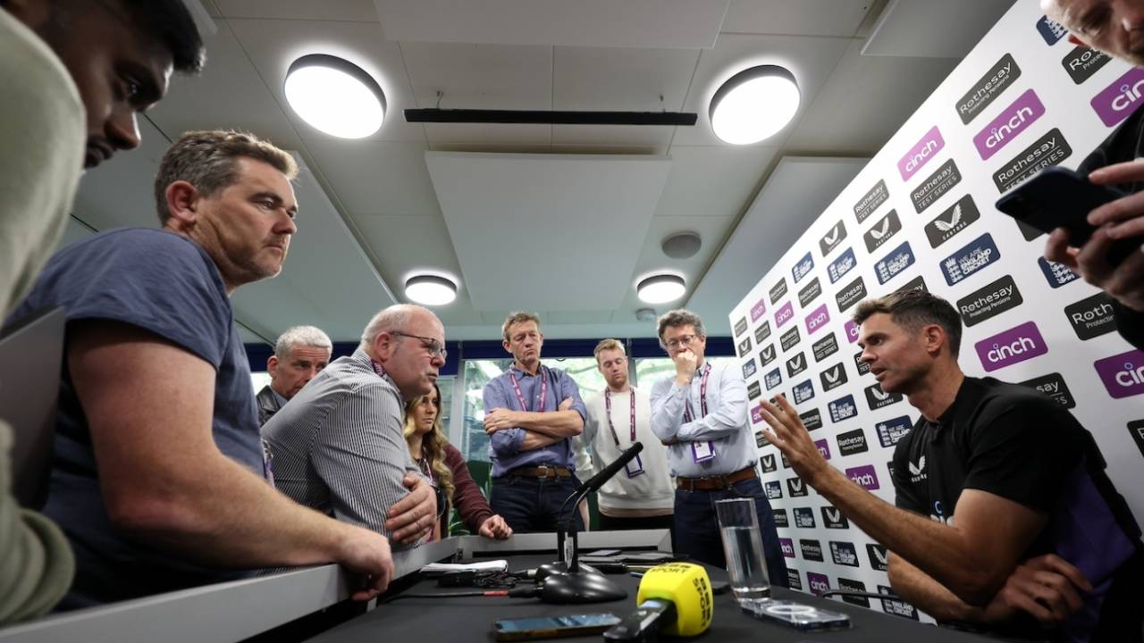 The media pack listens as James Anderson makes a point, England vs West Indies, 1st Test, Lord's, London, July 8, 2024