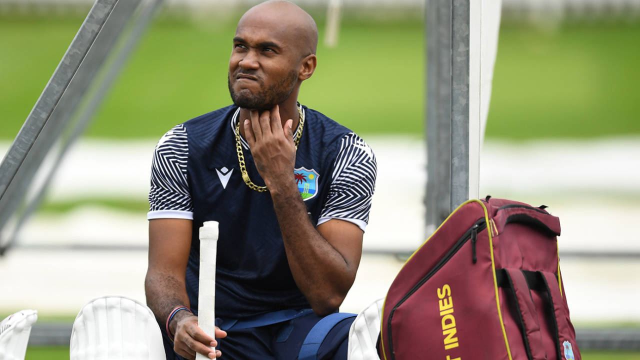Kraigg Brathwaite looks on during West Indies net practice, Lord's, July 8, 2024