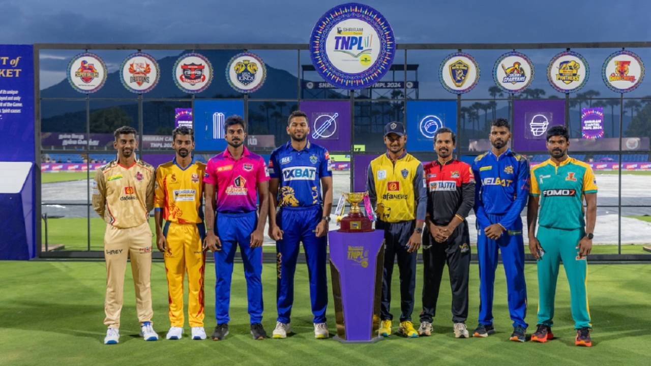 B Indrajith, B Aparajith, Vijay Shankar, Shahrukh Khan, KB Arun Karthik, Shijit Chandran, C Hari Nishaanth and Antony Dhas pose with the TNPL trophy, Chepauk Super Gillies vs Lyca Kovai Kings, TNPL 2024, Salem, July 5, 2024