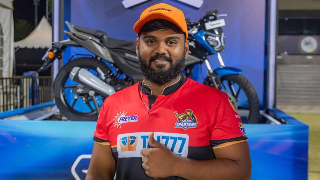 R Kavin poses with the Orange Cap in the TNPL, SKM Salem Spartans vs Dindigul Dragons, TNPL 2024, Salem, July 8, 2024
