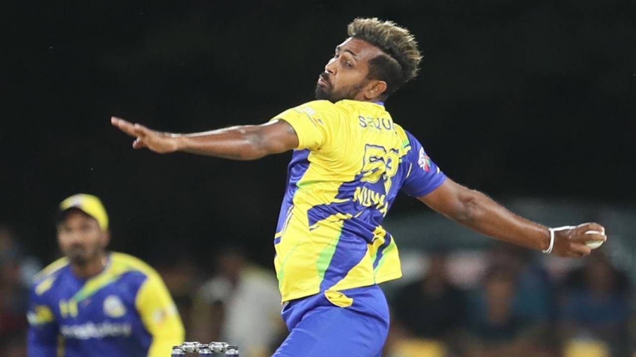 Nuwan Thushara bowls with his slingy action, Dambulla Sixers vs Galle Marvels, Lanka Premier League, Dambulla, July 9, 2024