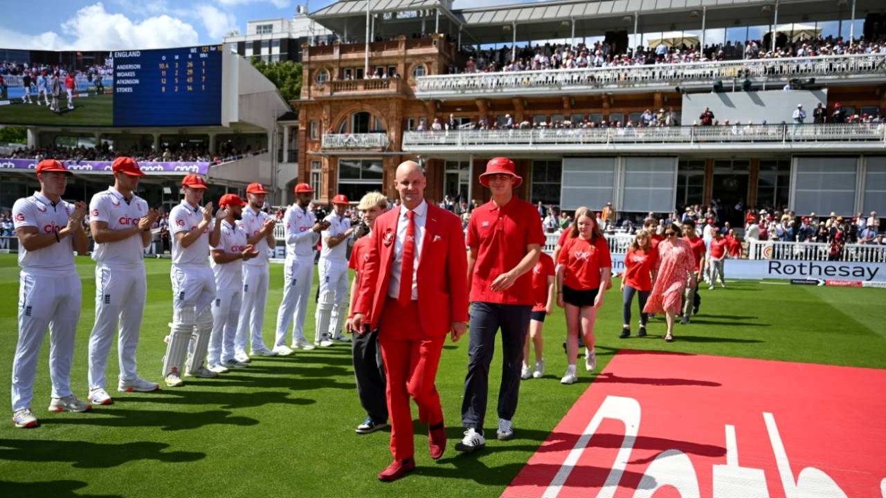 Andrew Strauss is welcomed onto the Lord's turf on Ruth Strauss Day, England vs West Indies, 1st Men's Test, Lord's, 2nd day, July 11, 2024
