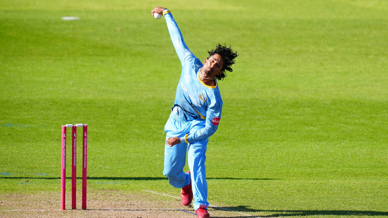 Yorkshire's Jafer Chohan in his delivery stride, Northants vs Yorkshire, Wantage Road, T20 Blast, June 2, 2024
