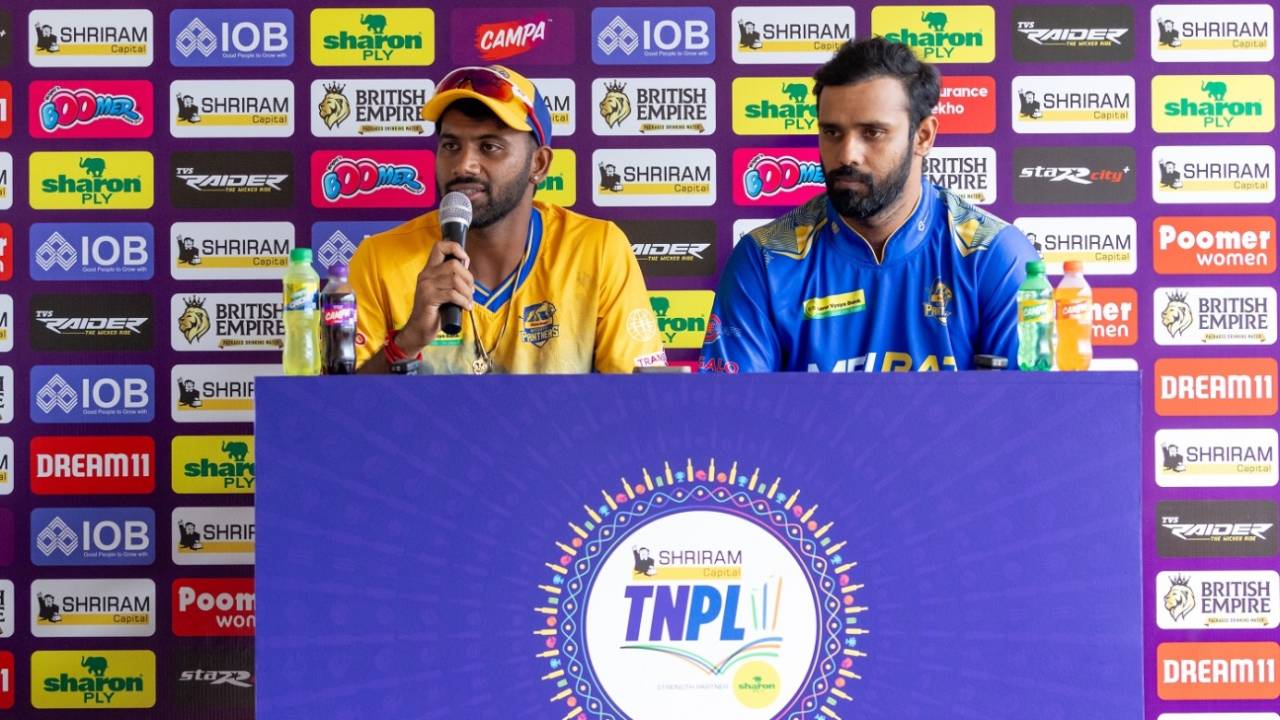 Madurai Panthers captain C Hari Nishaanth and team mentor Hanuma Vihari address the media, TNPL 2024, Coimbatore, July 12, 2024