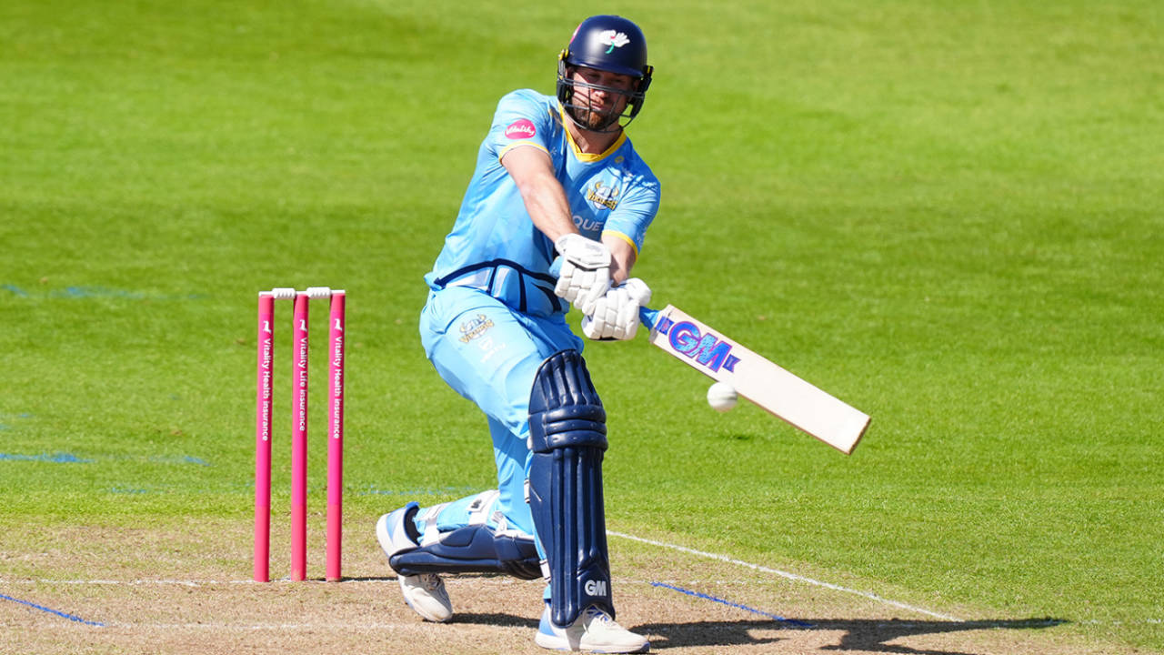 Dawid Malan shuts his eyes and swings hard over the leg side, Northants vs Yorkshire, Wantage Road, T20 Blast, June 2, 2024