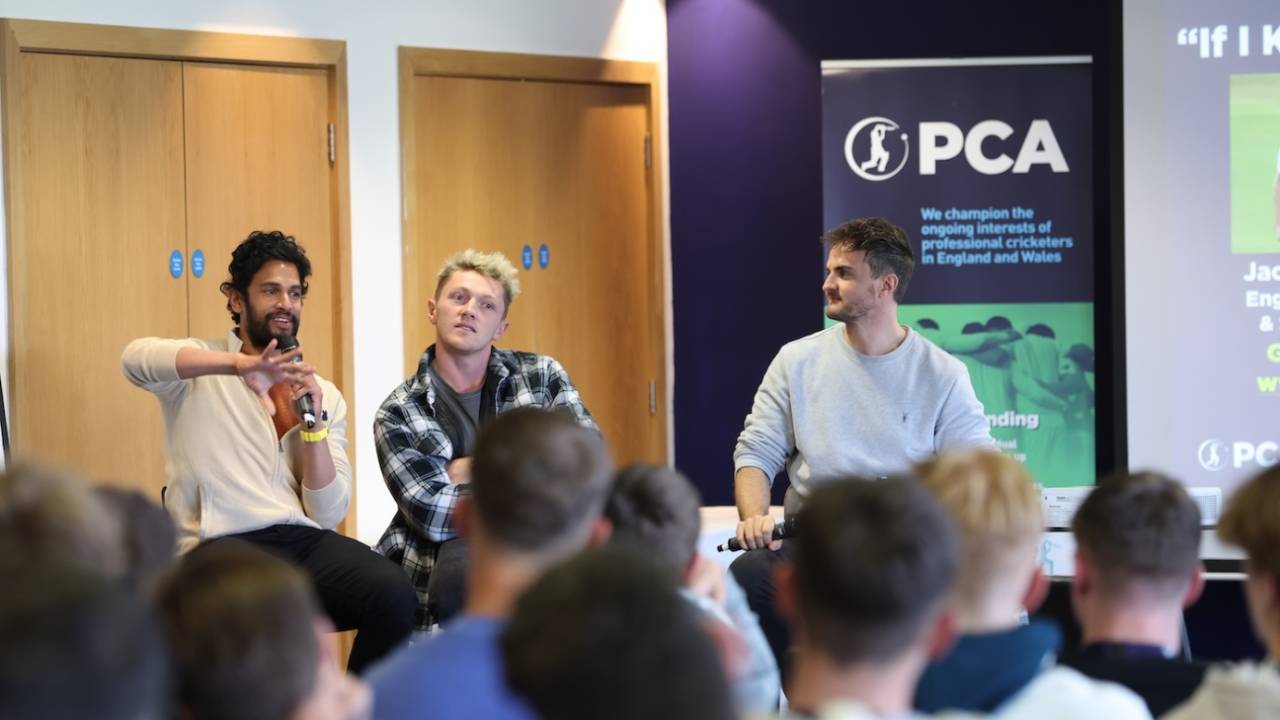 Arul Supplah of Somerset, Dom Bess of Yorkshire, and Jack Brooks of Somerset (from left) on stage at an event during the Professional Cricketers' Association Rookie Camp, Edgbaston, March 2, 2023