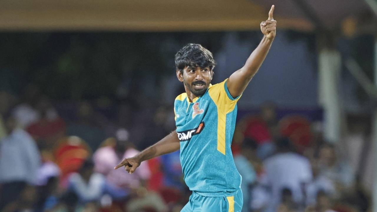 V Athisayaraj Davidson claimed the key wicket of B Sai Sudharsan, Lyca Kovai Kings vs Trichy Grand Cholas, TNPL 2024, Coimbatore, July 16, 2024
