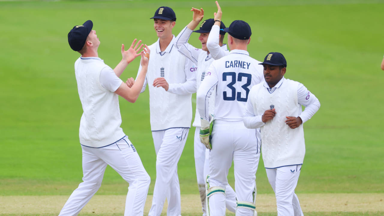 Rocky Flintoff celebrates with team-mates, including Archie Vaughan, after taking a high catch, England vs Sri Lanka, 2nd U19 Test, Cheltenham, July 16, 2024