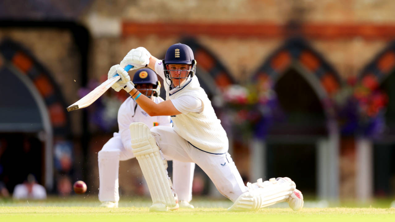 Jaydn Denly drives through the covers, England vs Sri Lanka, 2nd U19 Test, Cheltenham, July 16, 2024