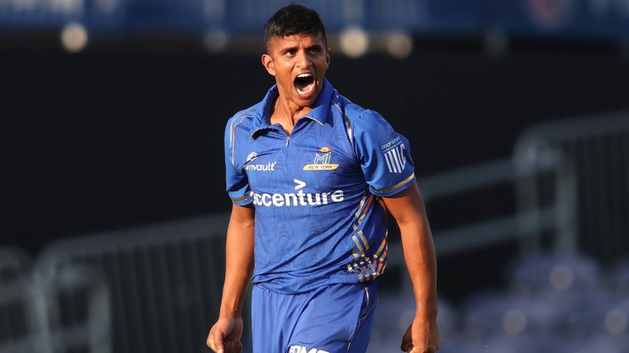 Nosthush Kenjige celebrates a wicket, MI New York vs San Francisco Unicorns, Major League Cricket (MLC), Dallas, July 18, 2024