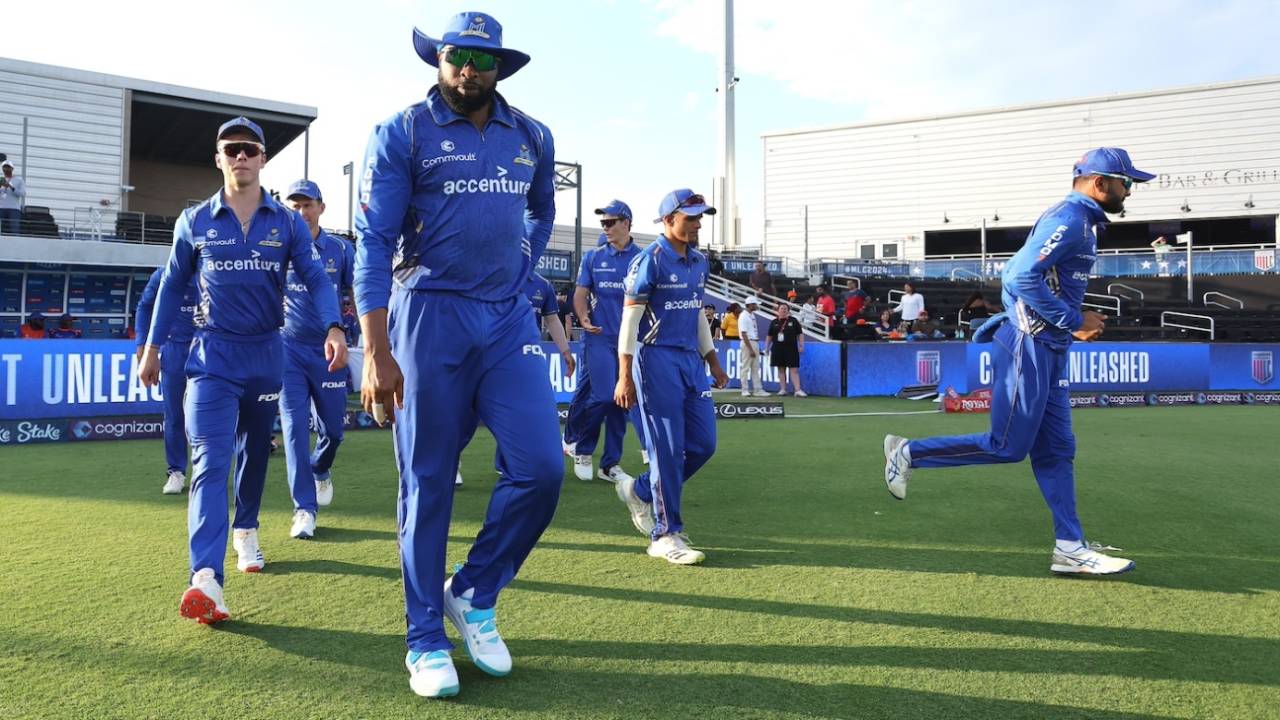 Kieron Pollard leads his team on to the field, MI New York vs San Francisco Unicorns, Major League Cricket (MLC), Dallas, July 18, 2024