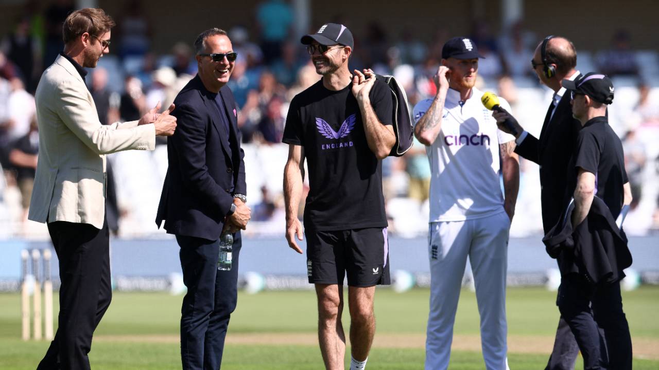 James Anderson and Stuart Broad chat in their non-playing capacity as Ben Stokes talks at the toss, England vs West Indies, 2nd Men's Test, Trent Bridge, 1st day, July 18, 2024