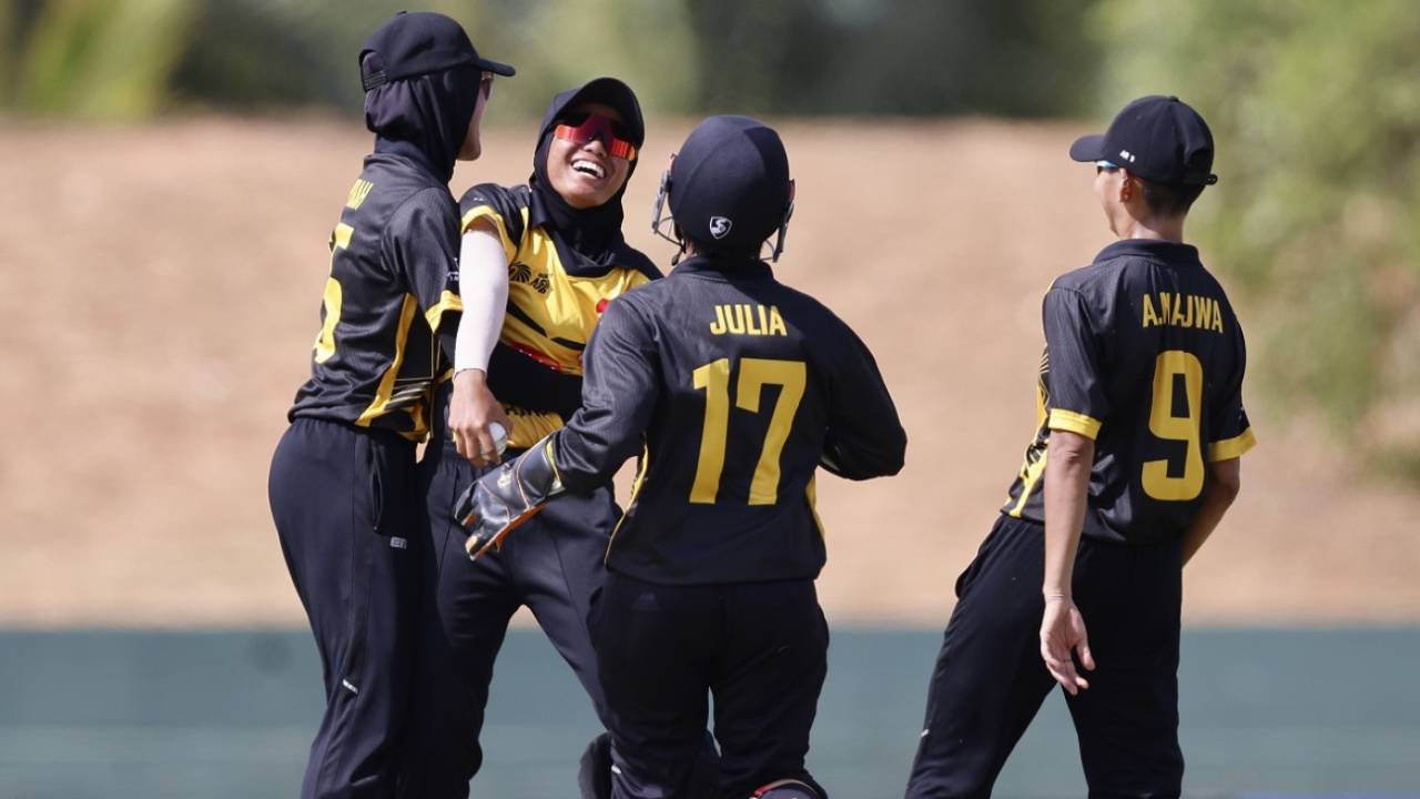 The Malaysia team celebrate a Thailand wicket, Thailand v Malaysia, Women's Asia Cup 2024, Group B, Dambulla, July 20, 2024