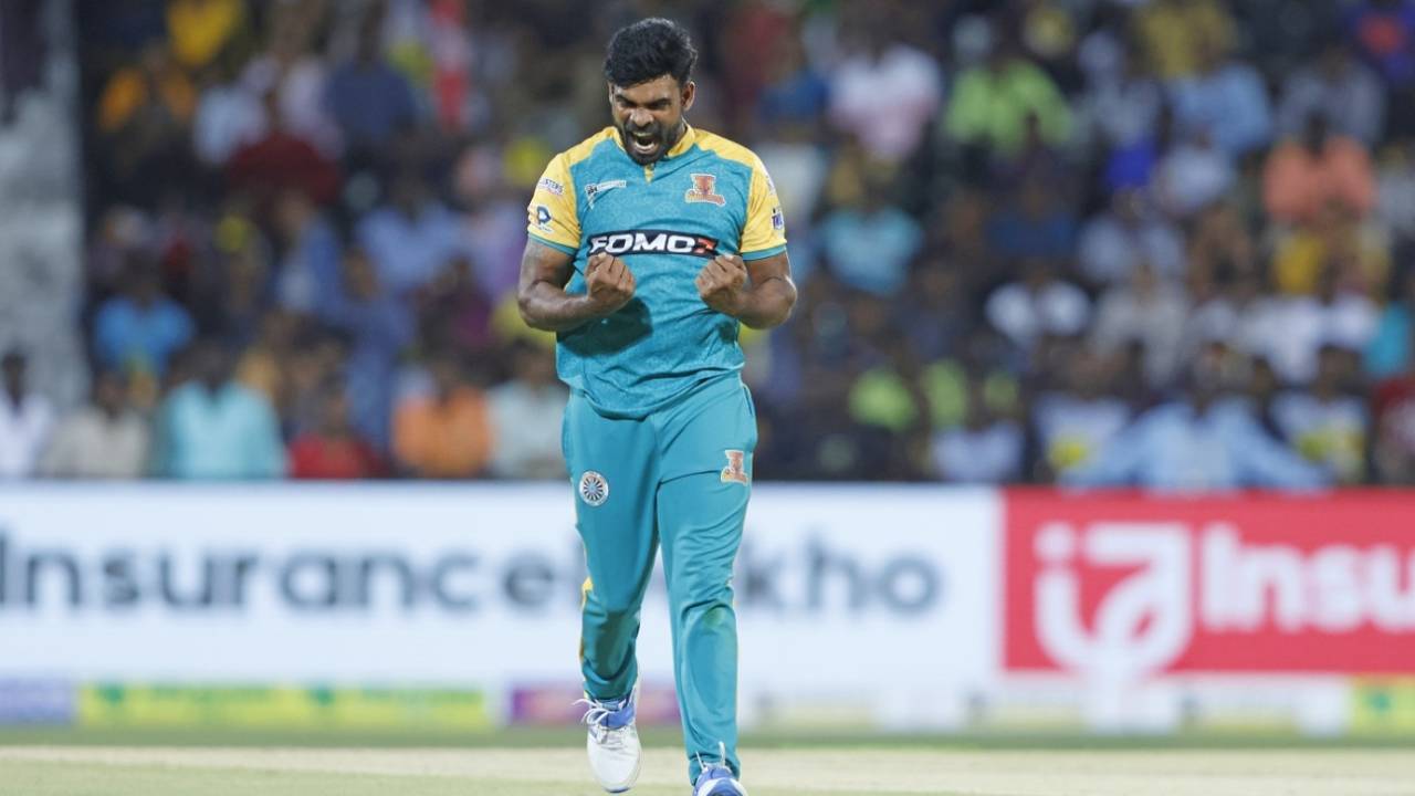 Antony Dhas is pumped after taking a wicket, Nellai Royal Kings vs Trichy Grand Cholas, TNPL 2024, Tirunelveli, July 20, 2024