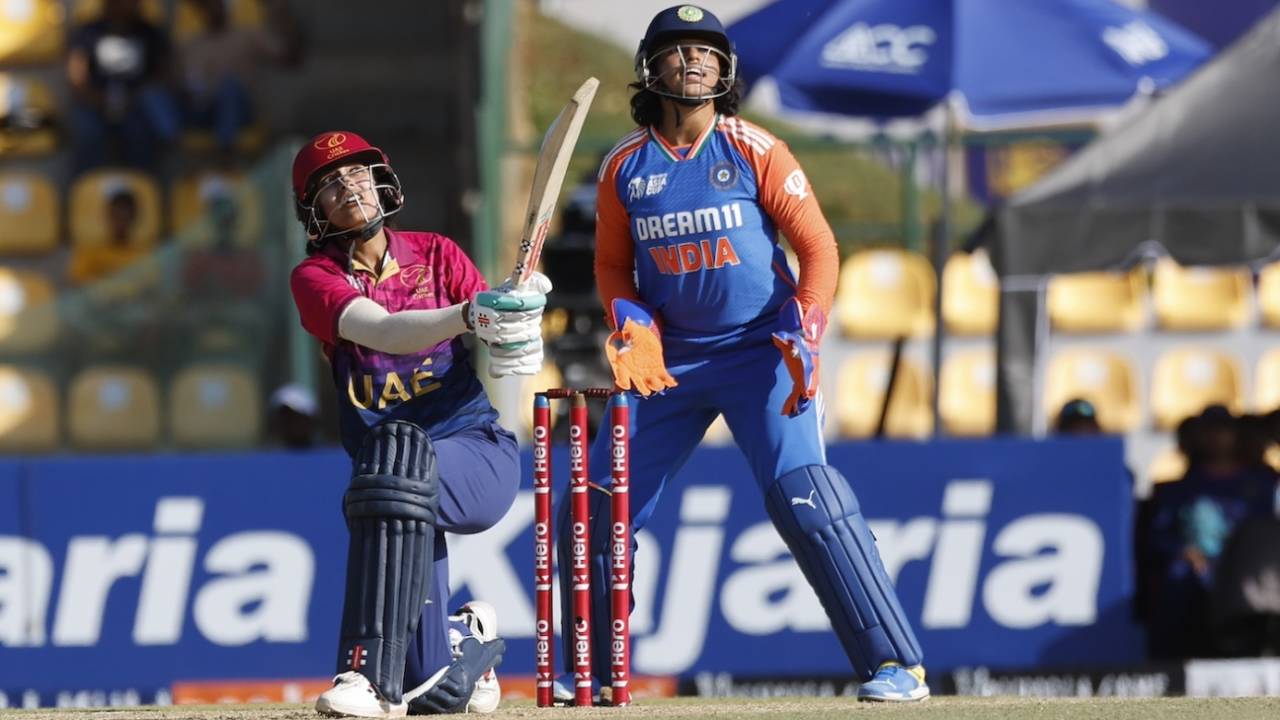 Esha Oza slams the ball over the leg side, India vs UAE, Women's Asia Cup, Dambulla, July 21, 2024