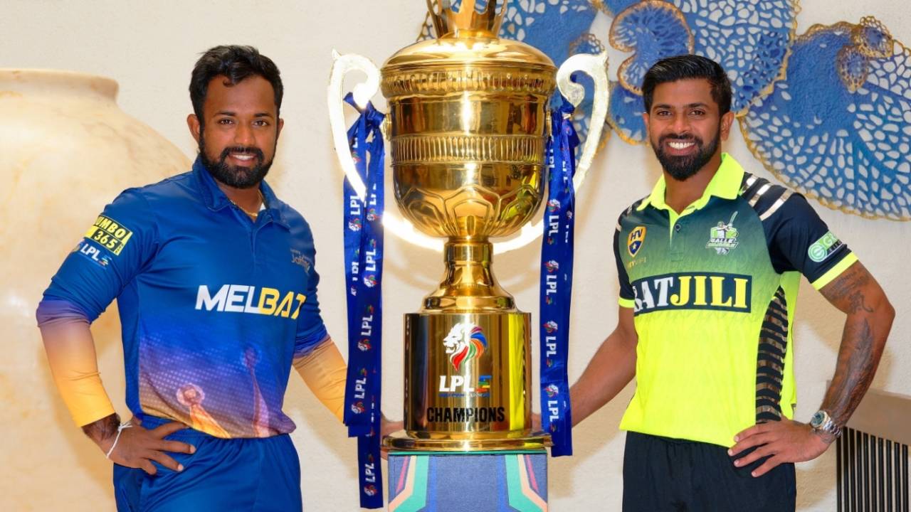 Charith Asalanka and Niroshan Dickwella pose with the LPL trophy, Galle Marvels vs Jaffna Kings, LPL 2024, final, July 21, 2024