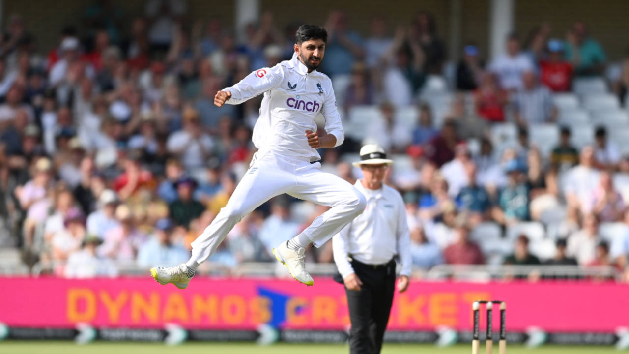Shoaib Bashir leaps in celebration after claiming three wickets in as many overs, England vs West Indies, 2nd Men's Test, Trent Bridge, 4th day, July 21, 2024