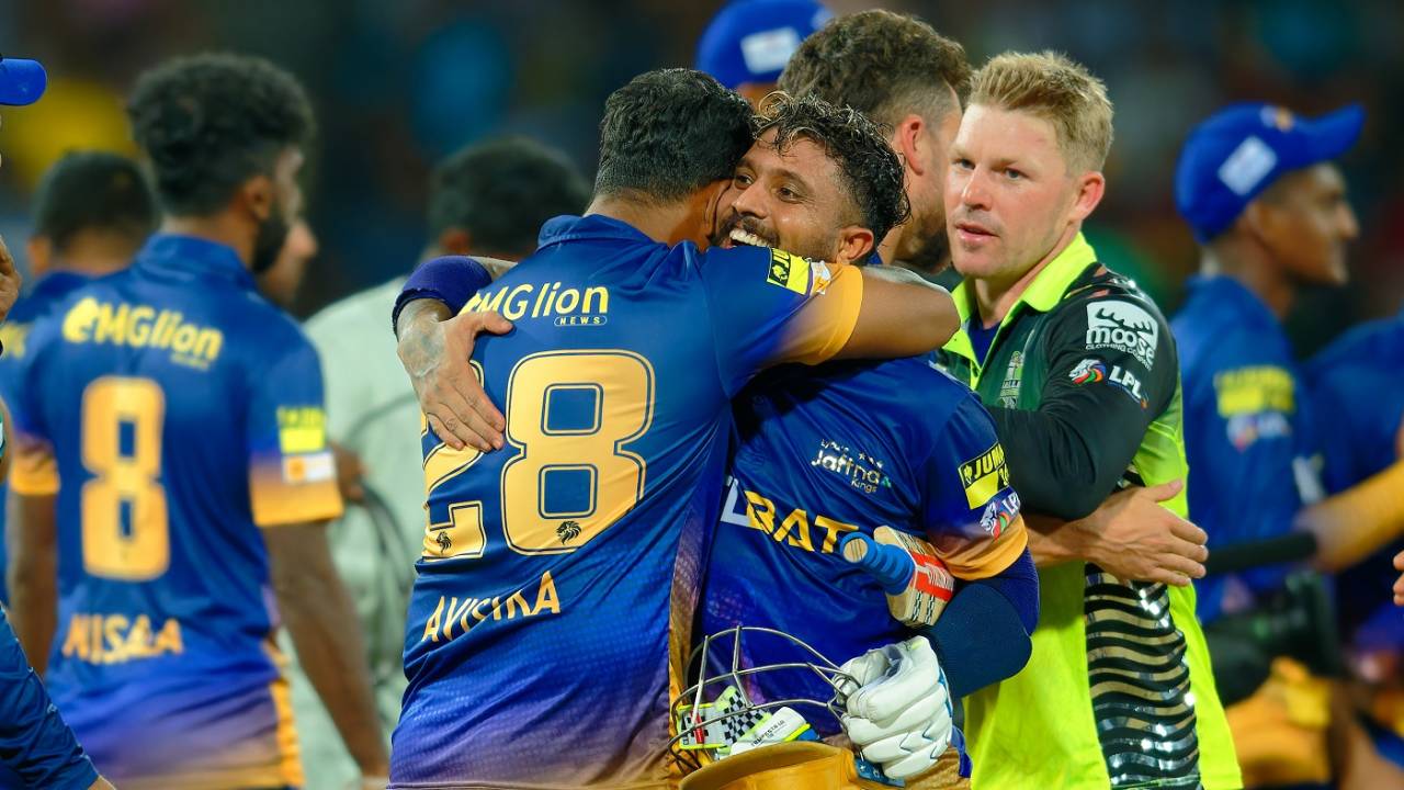 Kusal Mendis gets a hug from Avishka Fernando, Galle Marvels vs Jaffna Kings, LPL 2024, final, July 21, 2024