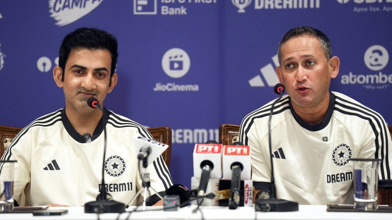 Gautam Gambhir flashes a smile as Ajit Agarkar responds to a question, Mumbai, July 22, 2024