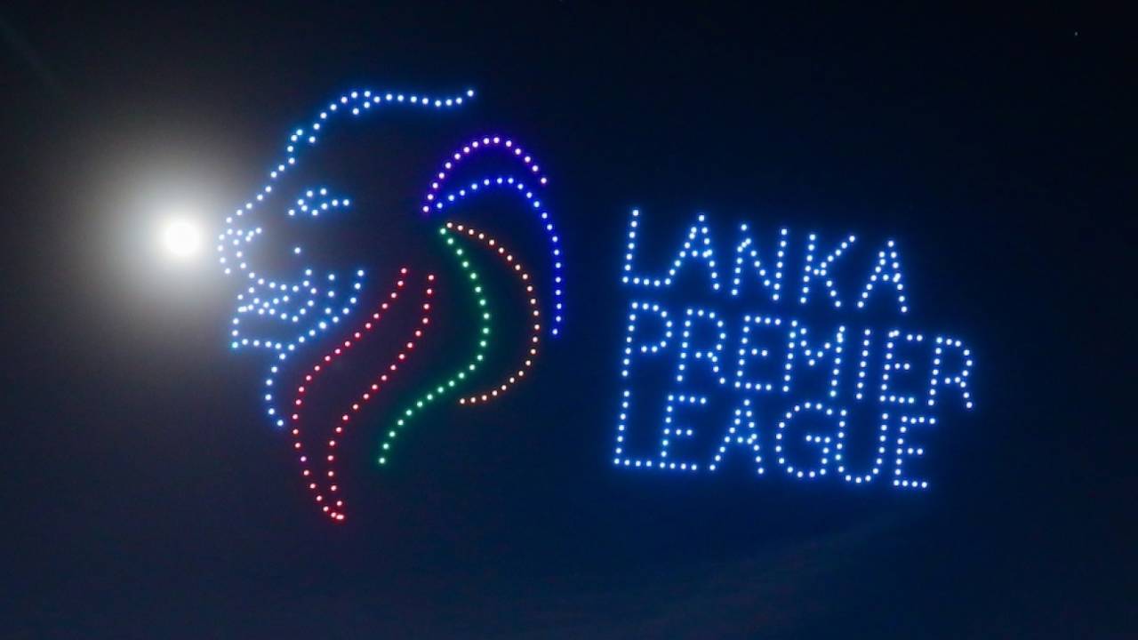 Drones form the Lanka Premier League (LPL) logo at the LPL final, Galle Marvels vs Jaffna Kings, LPL 2024, final, July 21, 2024