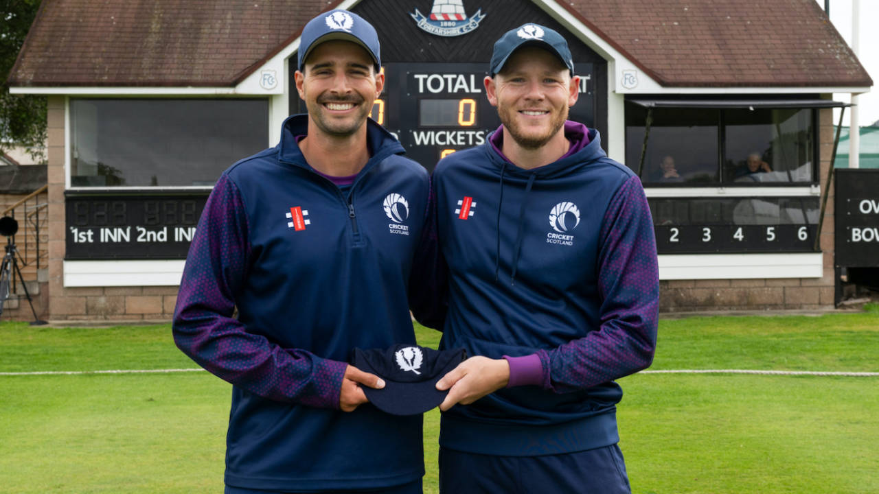 Charlie Cassell received his maiden cap from Michael Leask, Scotland vs Oman, Cricket World Cup League 2, Dundee, July 22, 2024