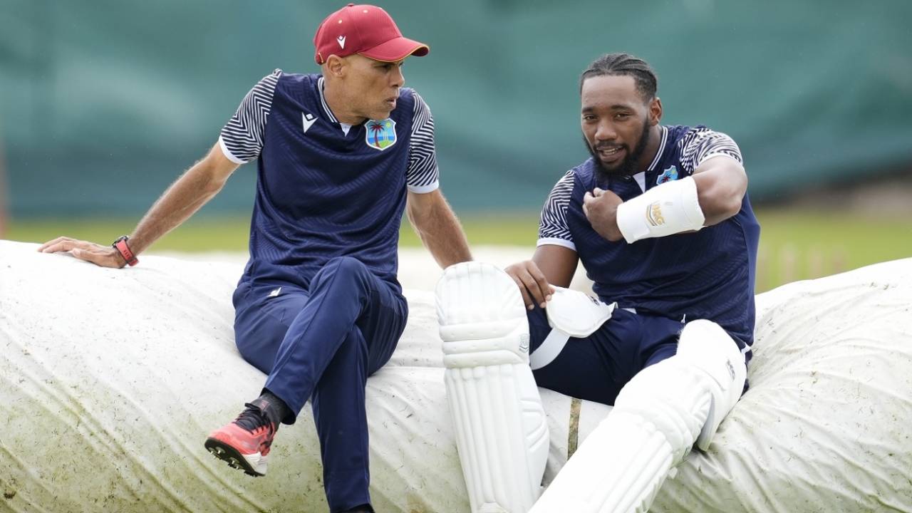 West Indies assistant coach Jimmy Adams chats to opener Mikyle Louis, Birmingham, July 24, 2024