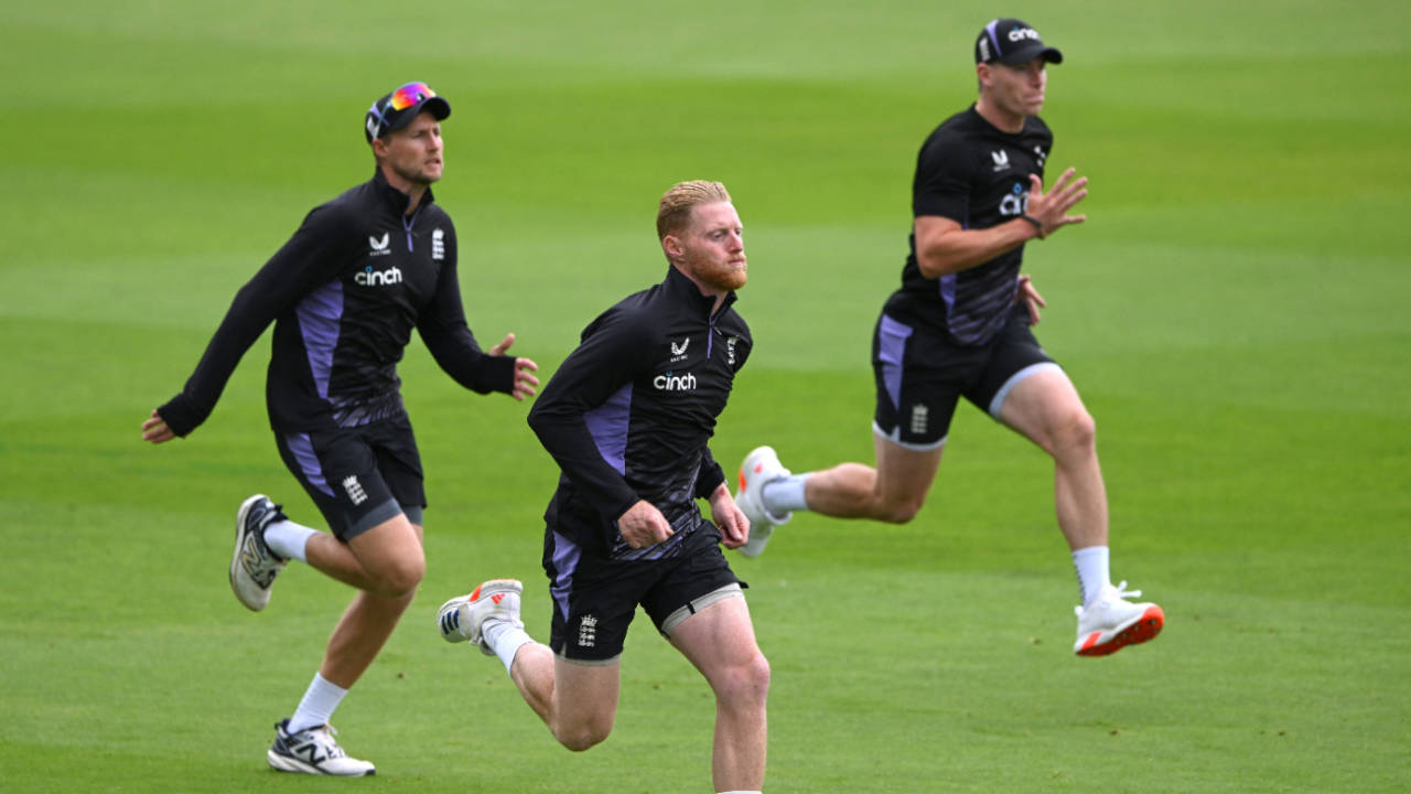 Joe Root, Ben Stokes and Matthew Potts sprint during training, England vs West Indies, 3rd Test, Edgbaston, July 25, 2024