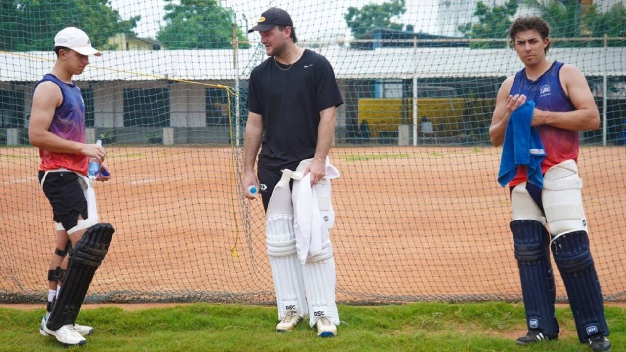 [L to R] Wellington boys Will Greenwood, Jesse Tashkoff and Nick Greenwood train at the Super Kings Academy in Chennai, Chennai, July 25, 2024