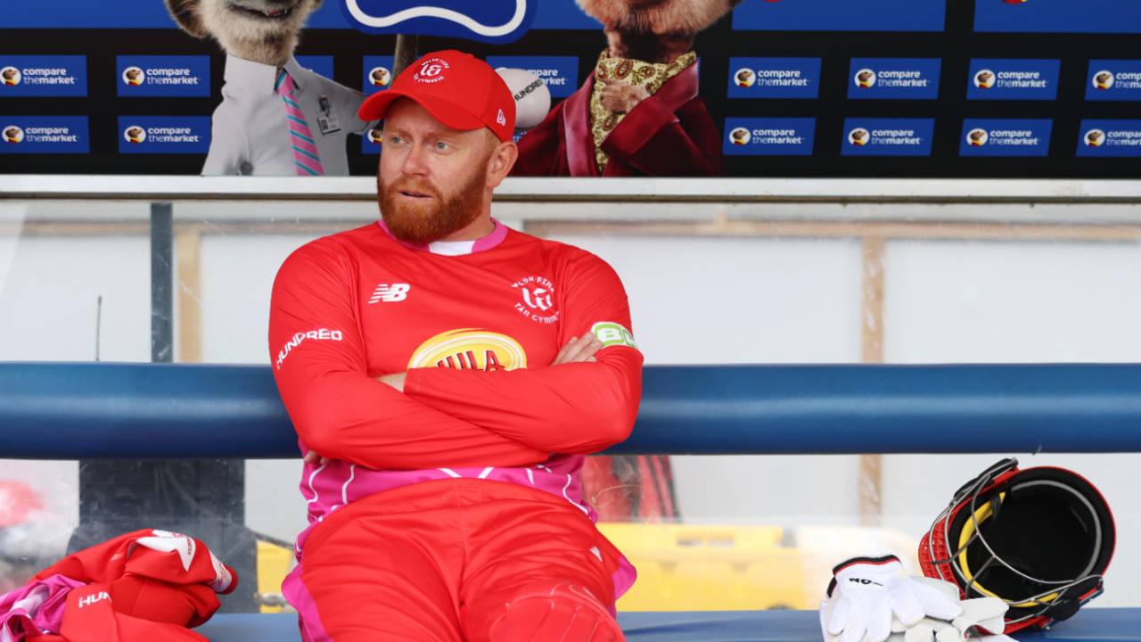 Jonny Bairstow in the Welsh Fire dug-out during their win against Manchester Originals, Manchester Originals vs Welsh Fire, Men's Hundred, Old Trafford, July 25, 2024