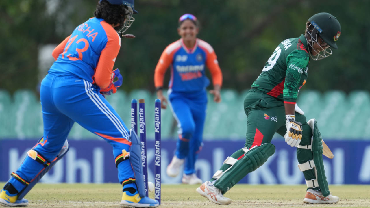 Rumana Ahmed was castled by Radha Yadav for 1, India vs Bangladesh, Women's Asia Cup 2024, semi-final, Dambulla, July 26, 2024