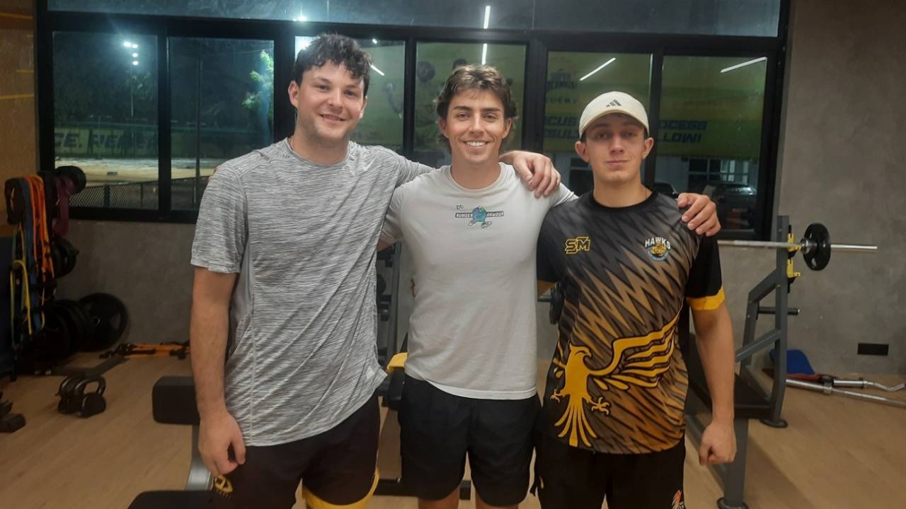 Jesse Tashkoff (left-most), Nick Greenwood (centre) and Will Greenwood (right-most) strike a pose, Chennai, July 25, 2024