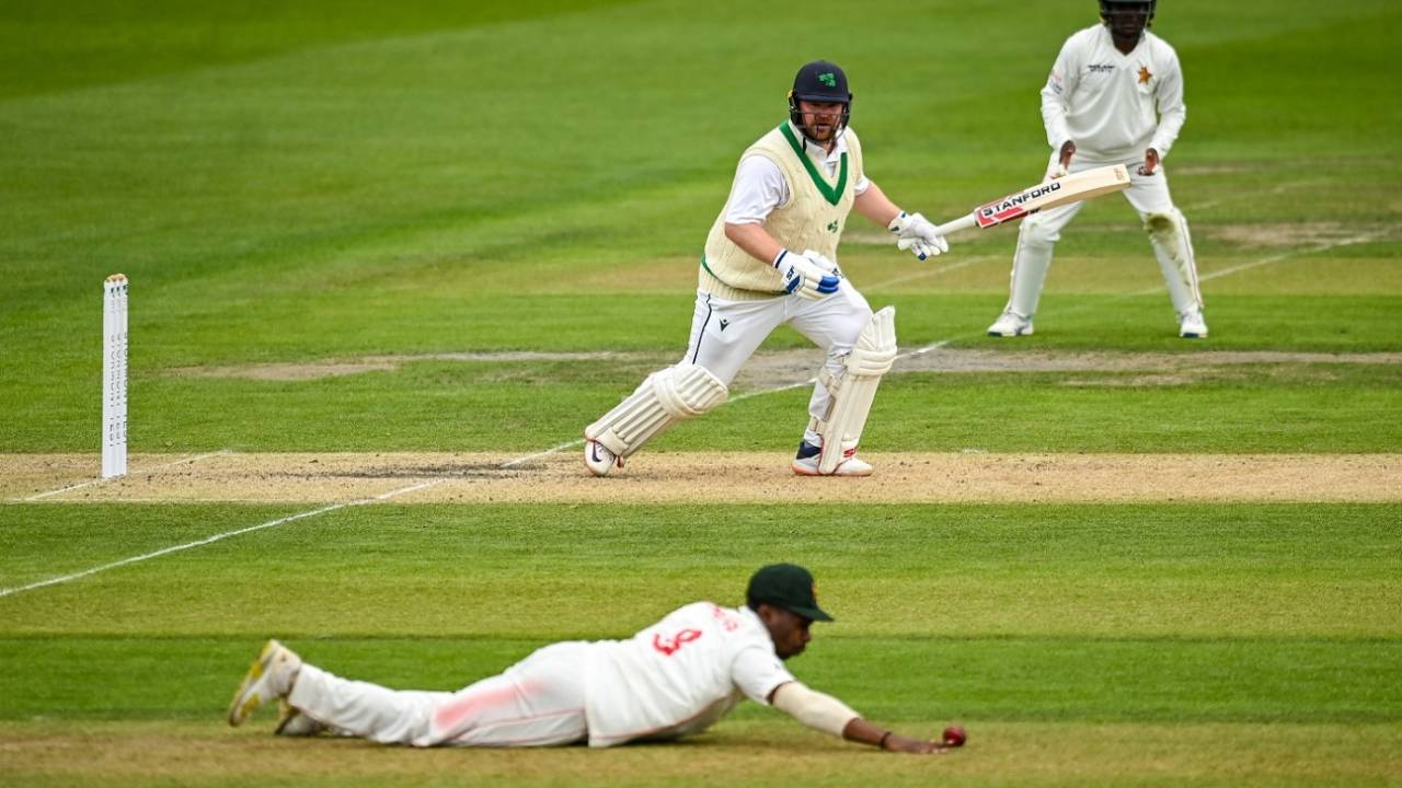 Dion Myers stops a Paul Stirling drive, Ireland vs Zimbabwe, Only Test, Belfast, day two, July 26, 2024