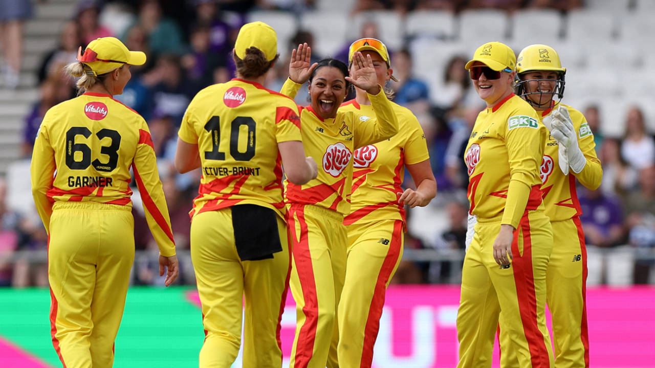 Alana King celebrates after taking a wicket with her first ball, Northern Superchargers vs Trent Rockets, The Hundred (Women's), Headingley, July 26, 2024