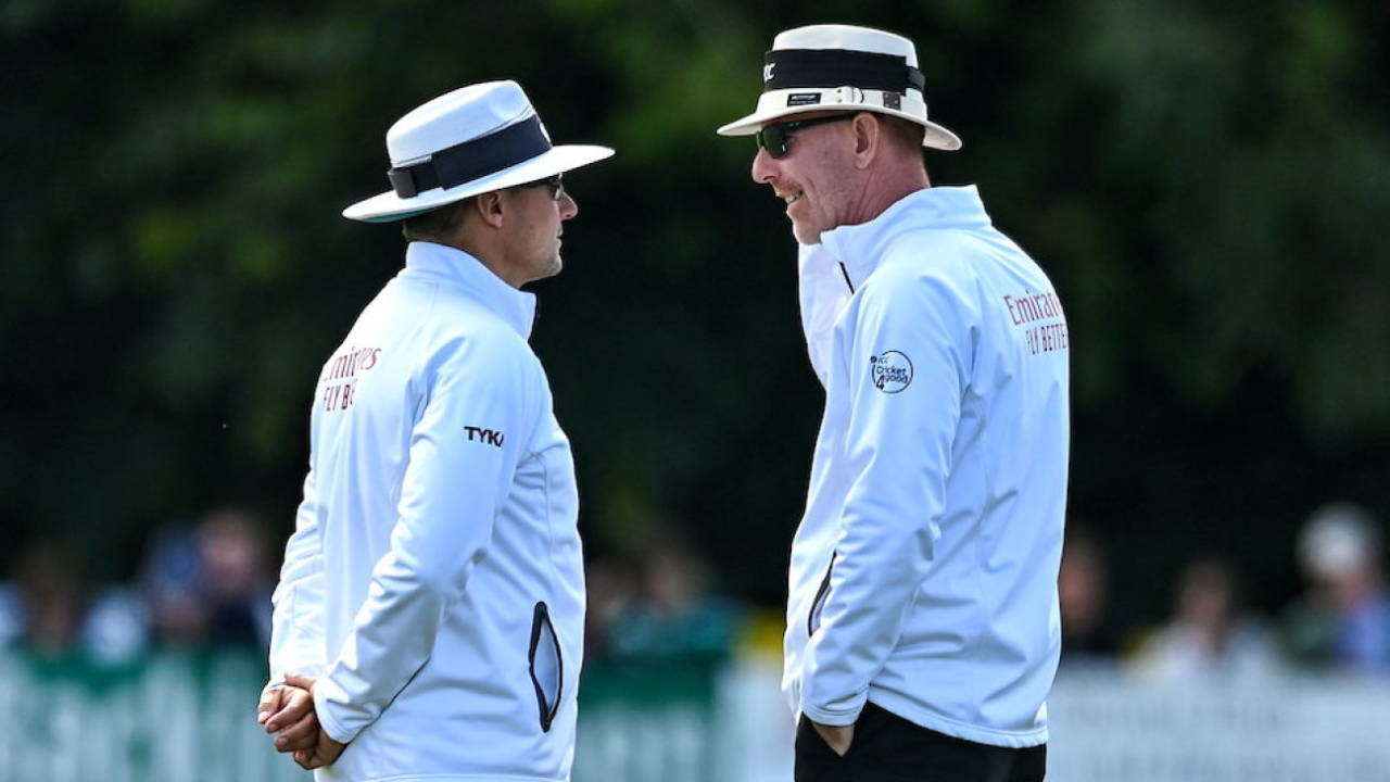 Rain kept on-field umpire Richard Kettleborough and reserve umpire Jonathan Kennedy busy, Ireland vs Zimbabwe, Only Test, Belfast, 2nd day, July 26, 2024