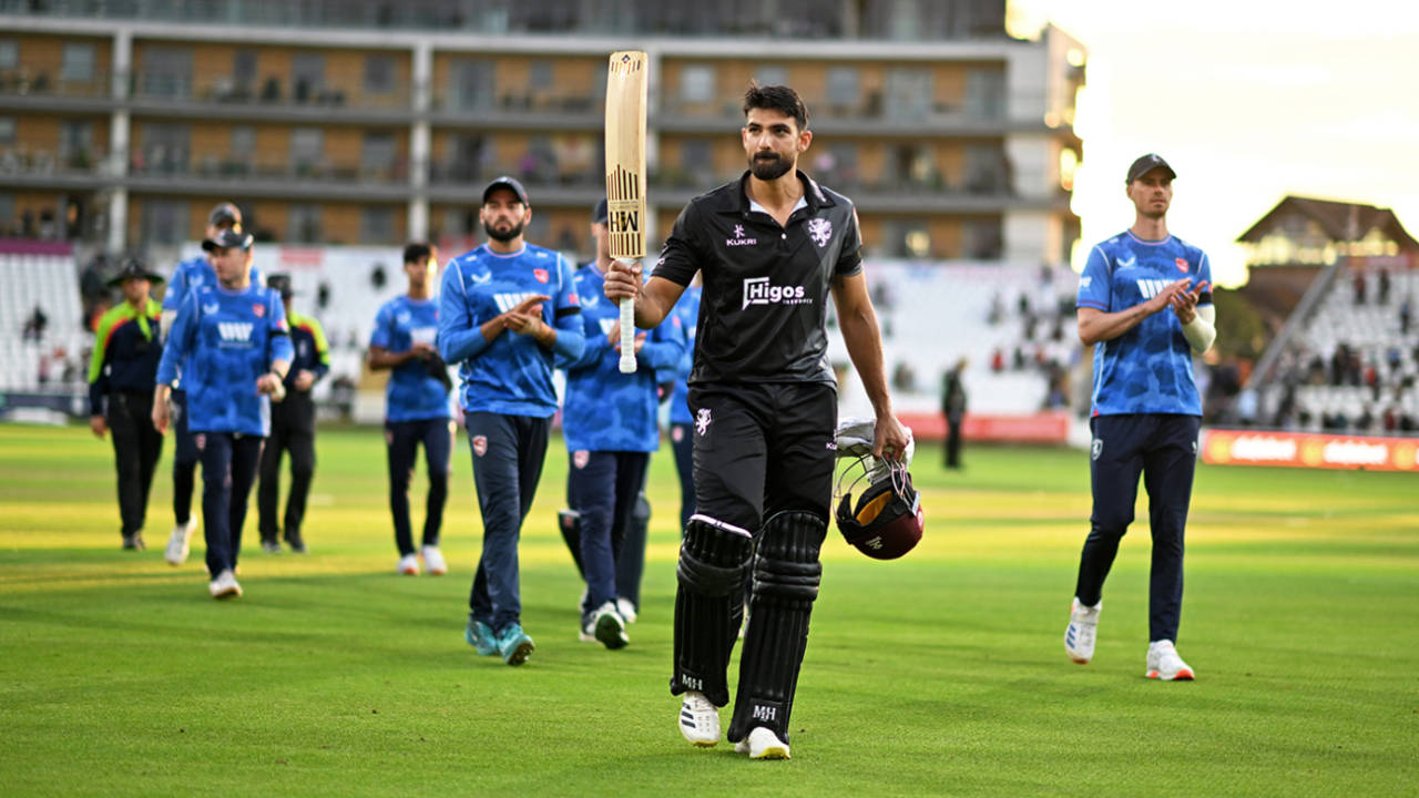 Andrew Umeed leads the players off after his unbeaten 114 secured victory, Somerset vs Kent, One-Day Cup, Taunton, July 26, 2024
