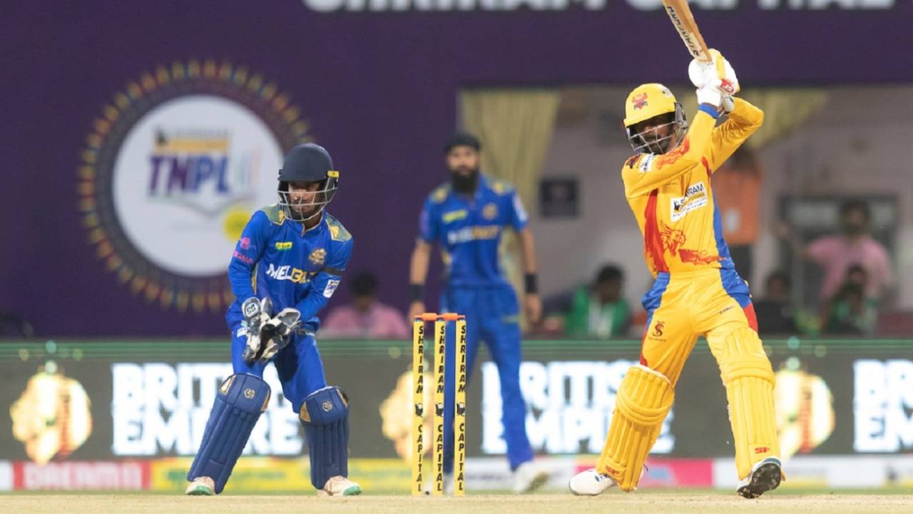 B Indrajith crashes a boundary off the back foot, Dindigul Dragons vs Siechem Madurai Panthers, TNPL 2024, Dindigul, July 26, 2024