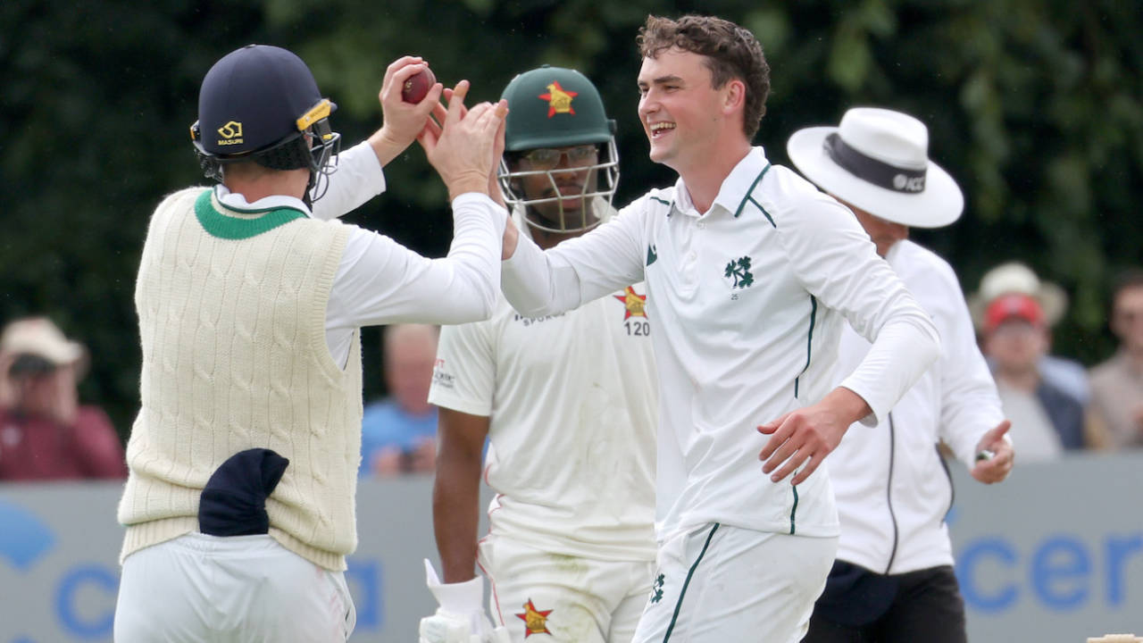 Matthew Humphreys celebrates his maiden Test wicket, that of Brian Bennett, Ireland vs Zimbabwe, Only Test, Belfast, 3rd day, July 27, 2024