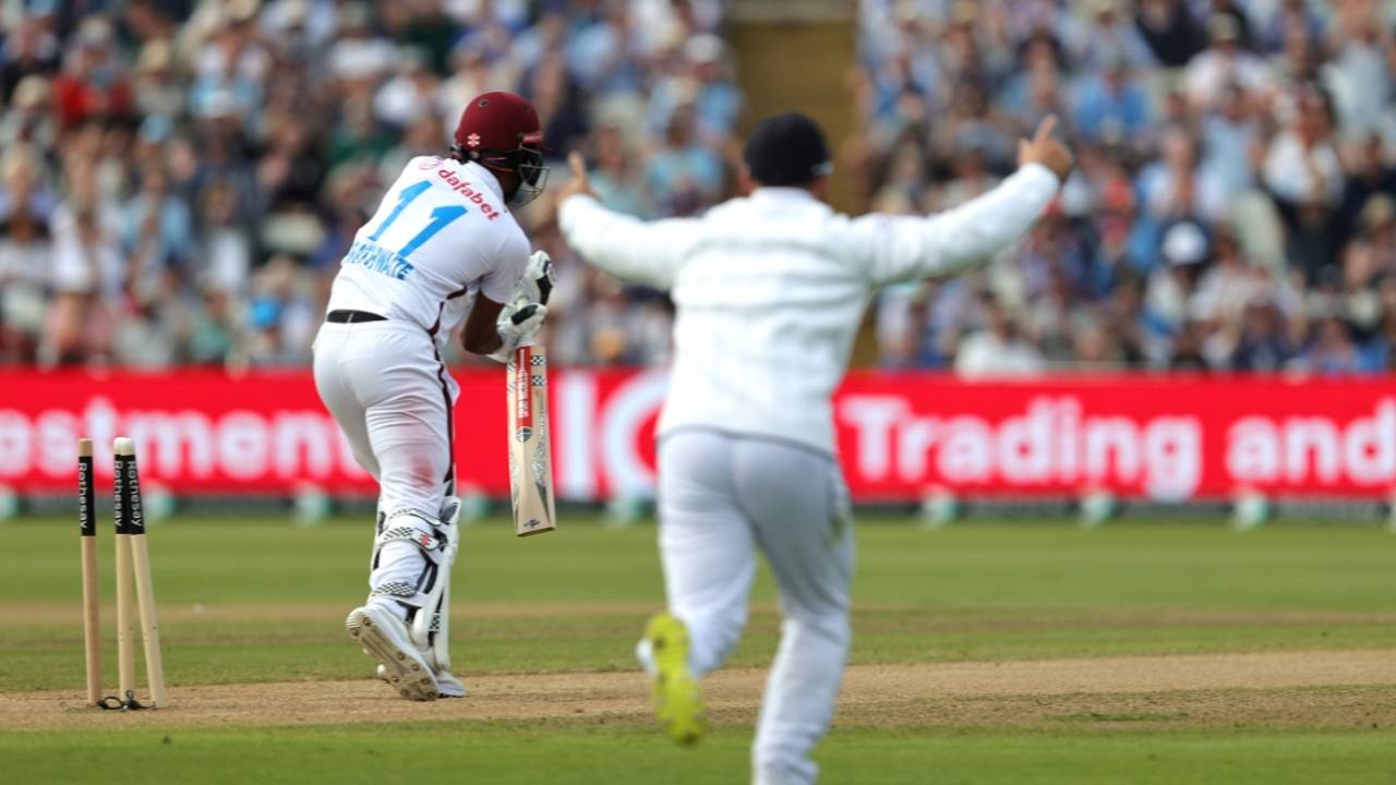 Kraigg Brathwaite was bowled for a duck by Chris Woakes, England vs West Indies, 3rd Men's Test, Edgbaston, 2nd day, July 27, 2024