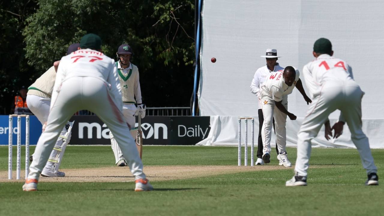 Tendai Chatara sends one down, Ireland vs Zimbabwe, Only Test, Belfast, 4th day, July 28, 2024