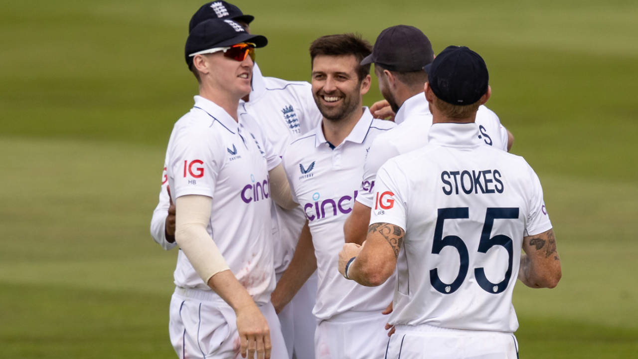 Mark Wood is mobbed by his team-mates after claiming a five-wicket haul, England vs West Indies, 3rd Test, 3rd day, Edgbaston, Birmingham, July 28, 2024