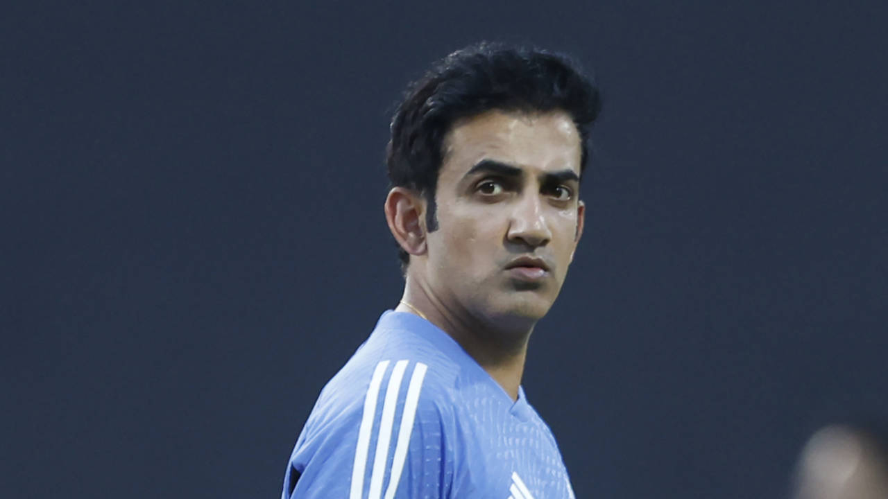 India's new head coach Gautam Gambhir watches the warm-ups before the match, Pallekele, July 25, 2024