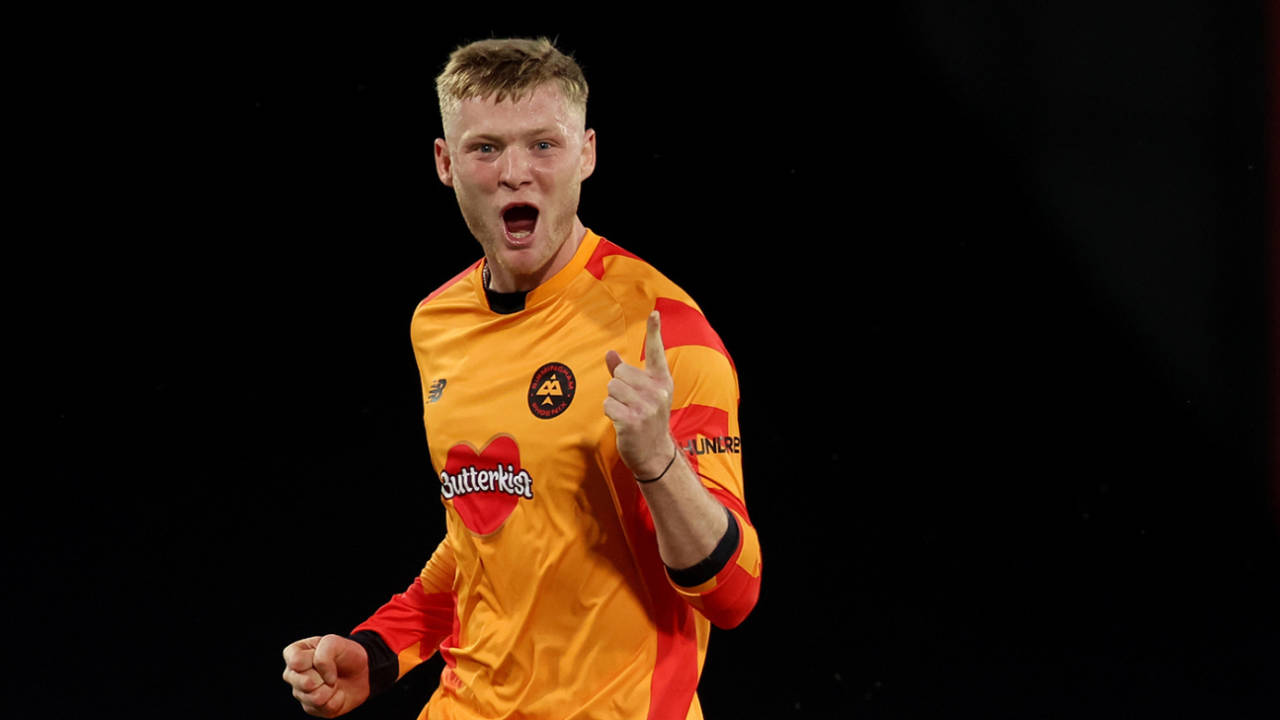 Dan Mousley celebrates taking the wicket of Jordan Thompson, Men's Hundred, Trent Rockets vs Birmingham Phoenix, Trent Bridge, July 31, 2024