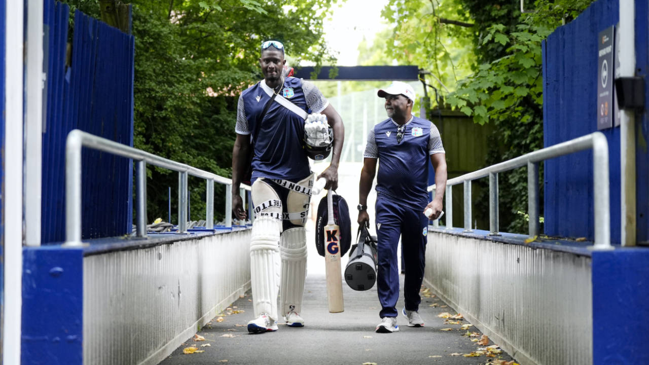 Coach Andre Coley has a chat with Jason Holder at the Edgbaston nets, England vs West Indies, 3rd Test, Edgbaston, July 25, 2024