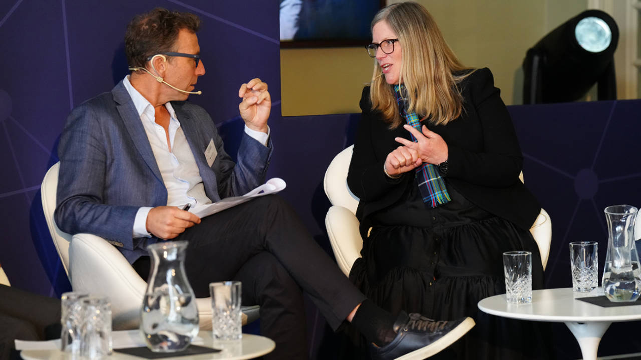 Cricket Scotland chief executive Trudy Lindblade talks to Mike Atherton at the MCC World Cricket Connects conference, Lord's, July 5, 2024