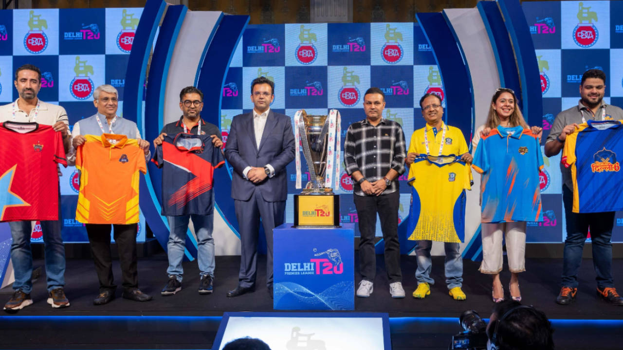 Franchise owners of the newly launched Delhi Premier League with brand ambassador Virender Sehwag and Delhi & District Cricket Association (DDCA) president Rohan Jaitley, Delhi, August 2, 2024