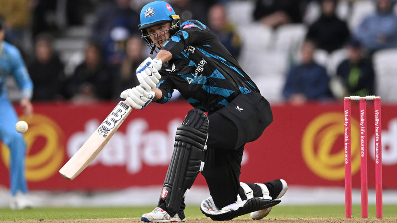 Gareth Roderick launches into a drive, Yorkshire Vikings v Worcestershire Rapids, Vitality Blast, Headingley, May 30, 2024


