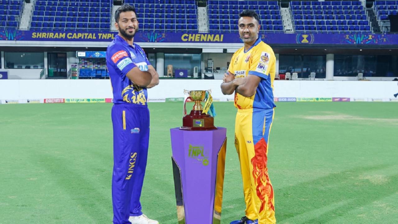 Shahrukh Khan and R Ashwin pose with the TNPL trophy at Chepauk, Chennai, August 3, 2024