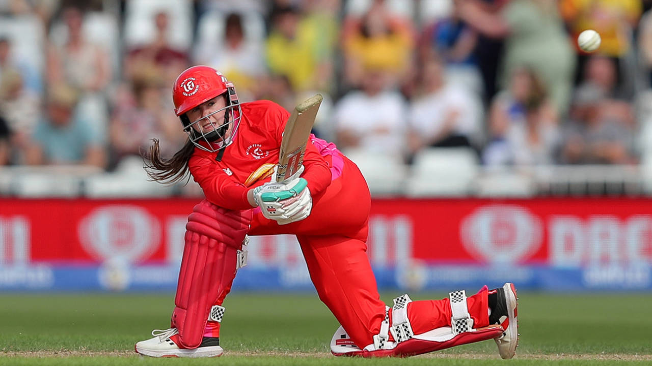 Sarah Bryce gets low to sweep during her match-winning innings, Trent Rockets vs Welsh Fire, The Hundred (Women's), Trent Bridge, August 3, 2024