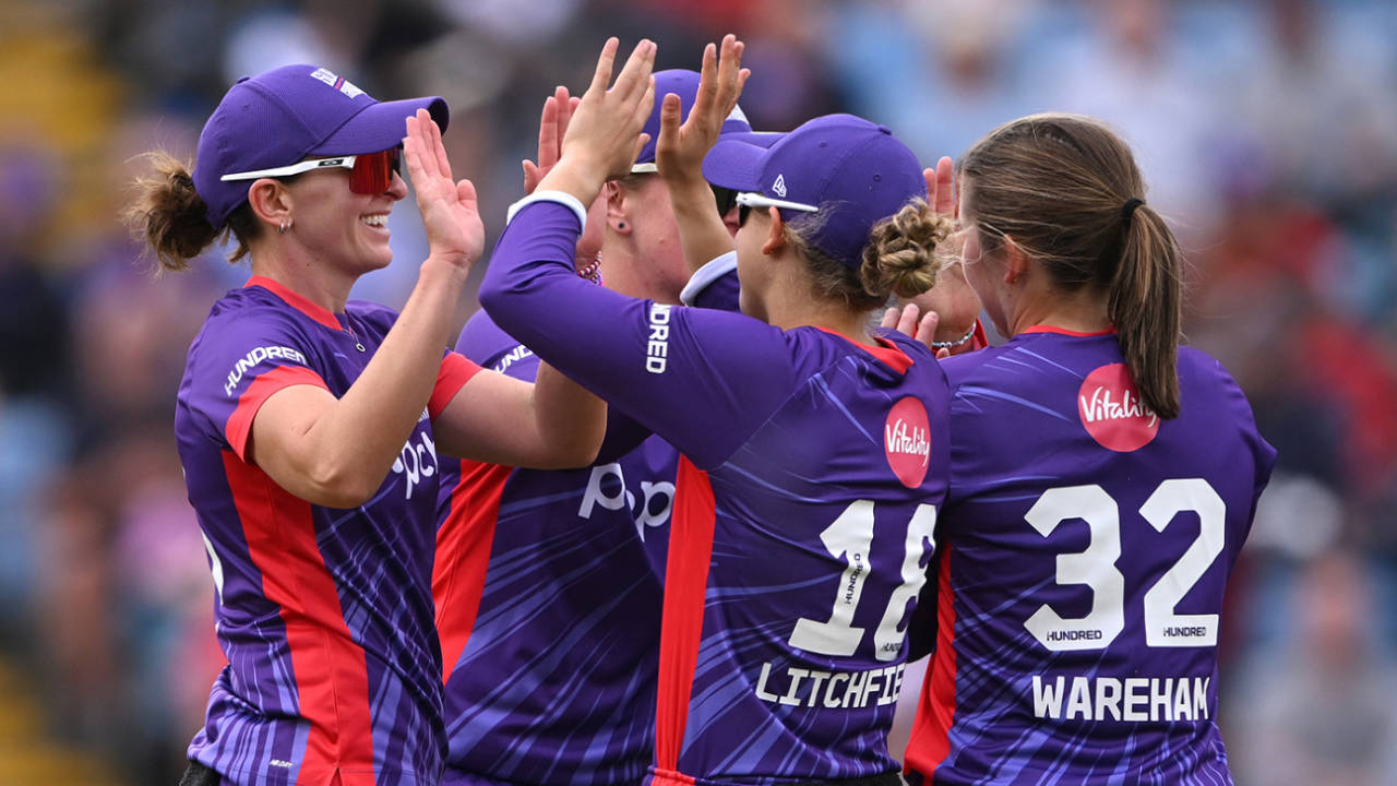 Kate Cross celebrates with Phoebe Litchfield, Northern Superchargers vs Manchester Originals, The Hundred (Women's), Headingley, August 4, 2024