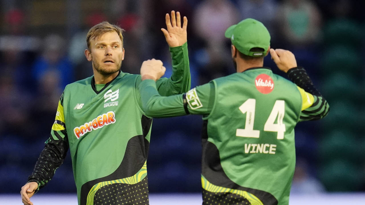 Danny Briggs celebrates a breakthrough with James Vince, Welsh Fire vs Southern Brave, The Hundred (Men's), Sophia Gardens, Cardiff, August 5, 2024